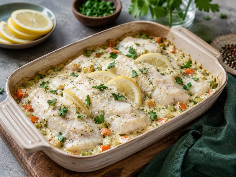Cod on a bed of carrot and fennel, with creamy mustard sauce and rice