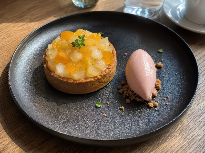 Tartelette of black lime, bergamot, pear & stewed-pear ice cream